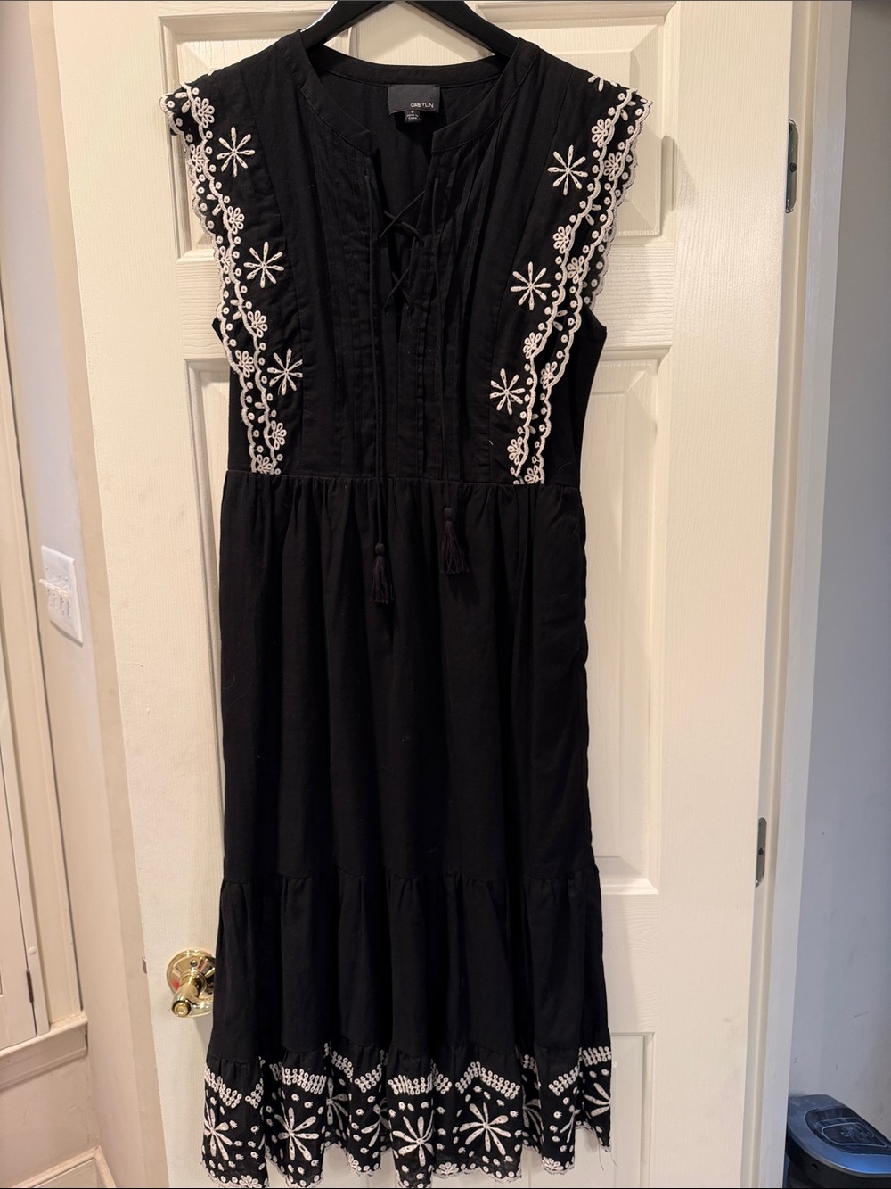 Greylin Black Midi Dress with White Floral Embroidery